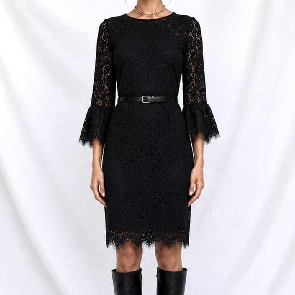 Vintage Y2K 90s Black Bell Sleeve Lace Knee Length Cocktail Shift Dress Size M